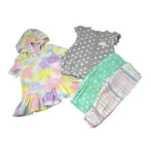 Baby Girls - Rainbow Hoodie Dress, Cloud Romper & 2 Pair Leggings - Size‎ 12 M